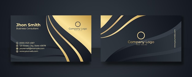 Black and gold business card design template vector. Double-sided creative business card template. Layout landscape orientation. Modern business card template gold black colors