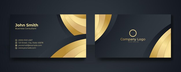 검은색과 금색 명함 디자인 서식 파일 벡터입니다. 양면 크리에이티브 명함 템플릿입니다. 레이아웃 가로 방향. 현대 명함 템플릿 골드 블랙 색상