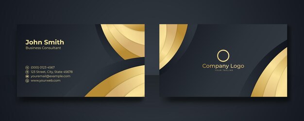 Black and gold business card design template vector. Double-sided creative business card template. Layout landscape orientation. Modern business card template gold black colors