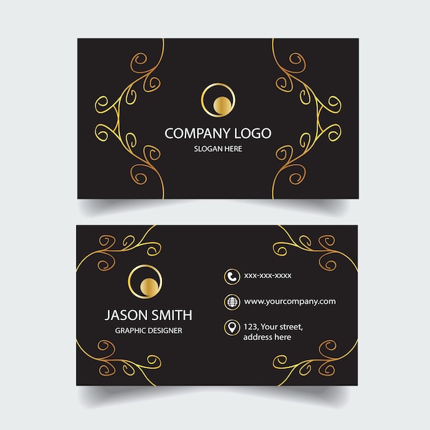 A black and gold business card that says company logo.