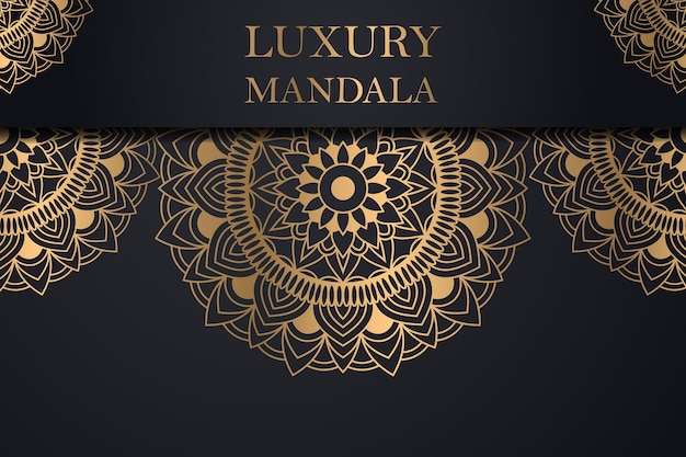 Vector black and gold card with a gold pattern and the word luxury mandala.