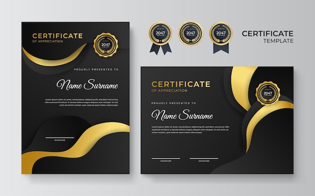 Modello di confine con certificato di successo nero e oro con badge di lusso e modello di linea moderno per il conseguimento del premio aziendale e le esigenze educative