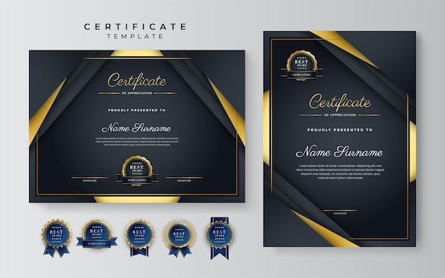 Black and gold certificate of achievement border template with luxury badge and modern line pattern For award business and education needs