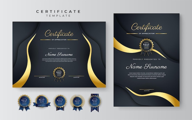 Vector black and gold certificate of achievement border template with luxury badge and modern line pattern for award business and education needs