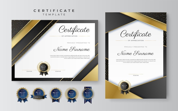Modello di confine nero e oro certificato di conseguimento con badge di lusso e motivo a linee moderne per esigenze aziendali e educative