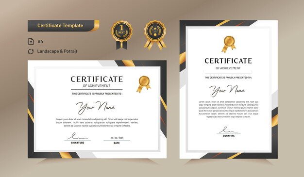 Vector black and gold certificate of achievement template for award business and education needs