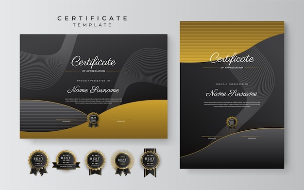 Modello di certificato di realizzazione nero e oro con badge e bordo in oro