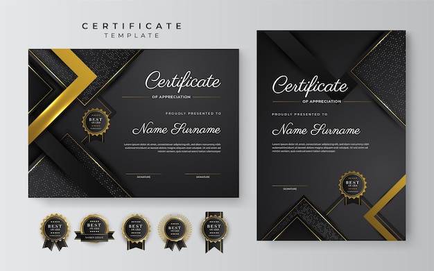 Black and gold certificate of achievement template with gold badge and border