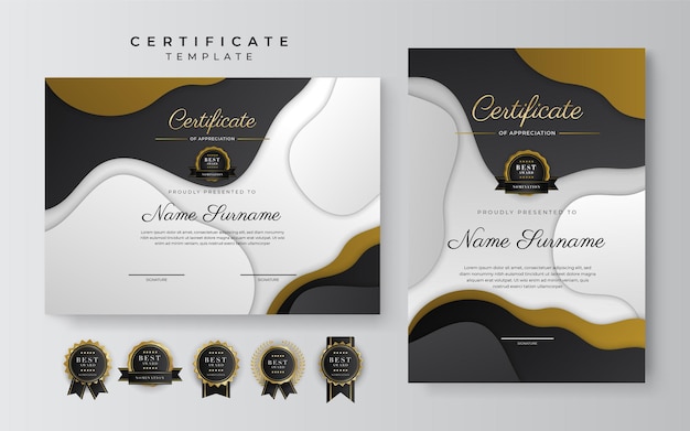 Black and gold certificate of achievement template with gold badge and border