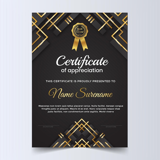Шаблон дизайна сертификата в черном и золотом цветах