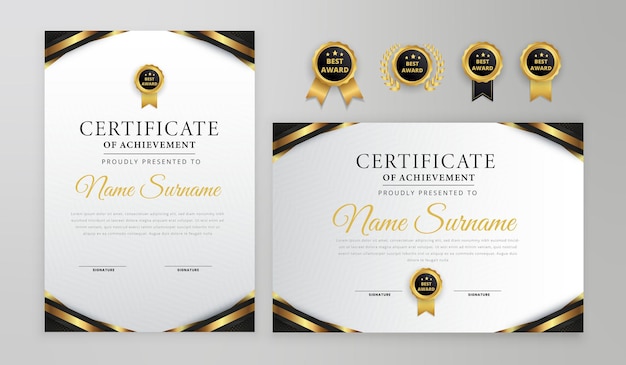 Black and gold certificate with badge and border vector a4 template