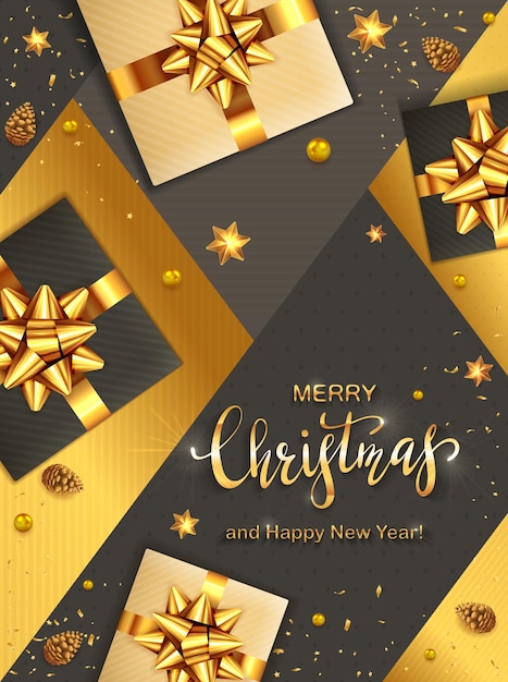 Black and gold Christmas background. Golden lettering with balls, pine cones, gifts with holiday bow and shiny stars. Illustration can be used for Christmas design, posters, cards, websites, headers.