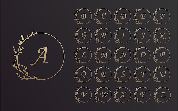 Vector black and gold hand drawn alphabet flower wreath frame design set