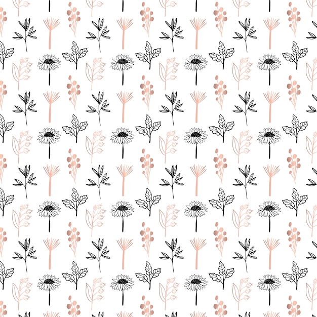 Black gold hand drawn floral seamless pattern