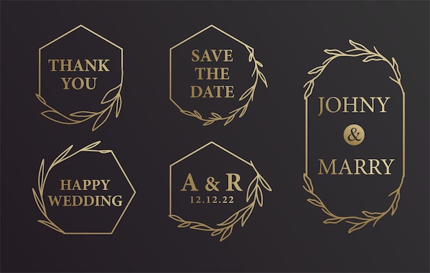 Vector black and gold hand drawn wreath wedding bride groom name invitation background