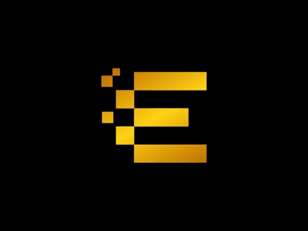 A black and gold letter e with a pixel effect