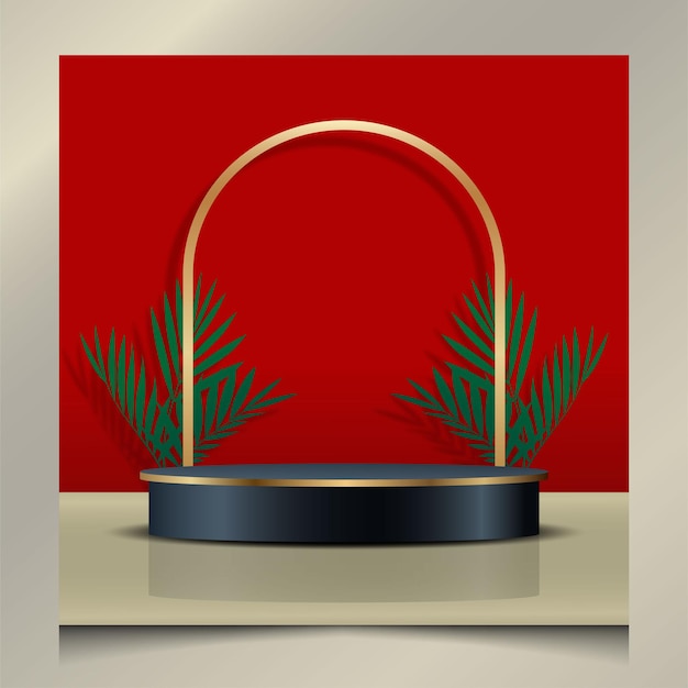 Vector black gold line podium 3d template on red background and green leaves for product display