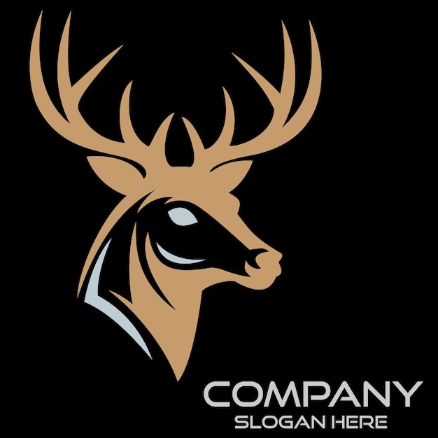 A black and gold logo with a deer head