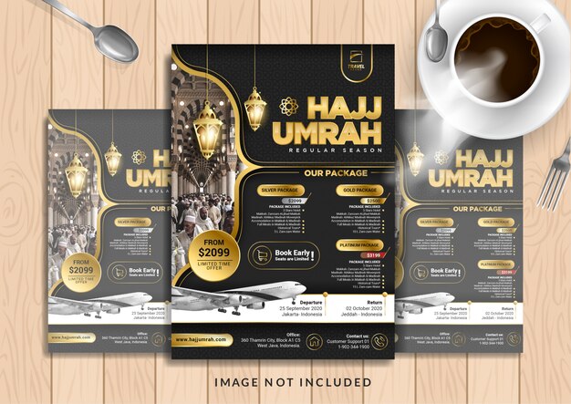 Vector black gold luxury hajj & umrah flyer template in a4 size.