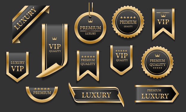 Vettore distintivi di etichetta di qualità premium di lusso in oro nero su sfondo grigio vettoriale
