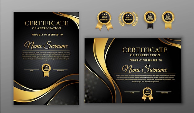 Black and gold modern certificate of achievement for multipurpose needs with badges template