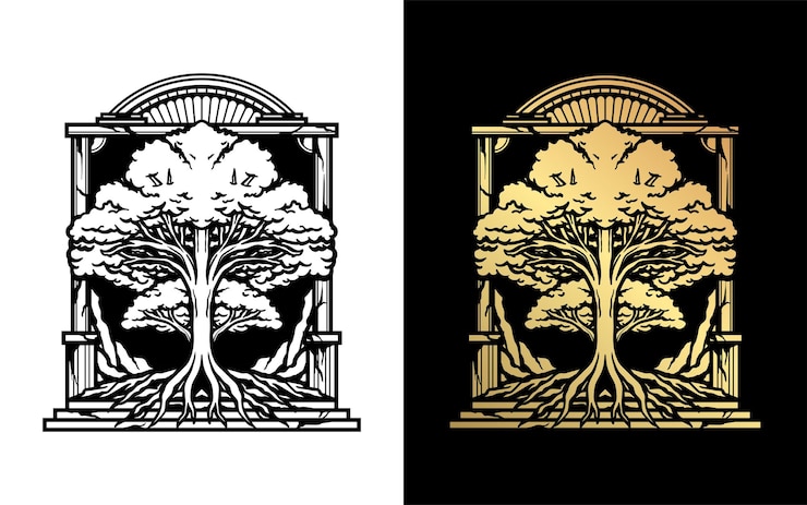 Vector black and gold oak tree vector drawing