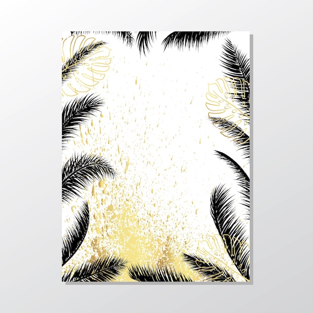 Black and gold palm trees on white background Exotic leavesSummer placard poster flyer invitation card