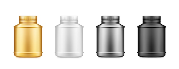 Modello di bottiglia di supplemento nero, oro, argento isolato su sfondo bianco