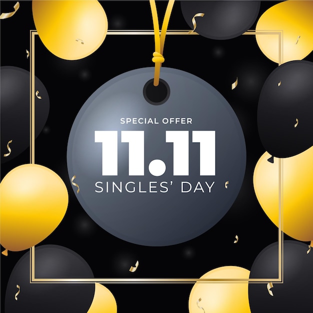 Vector black and gold for singles' day with balloons and confetti