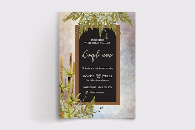 A black and gold wedding invitation with plants and the date of the month of september.