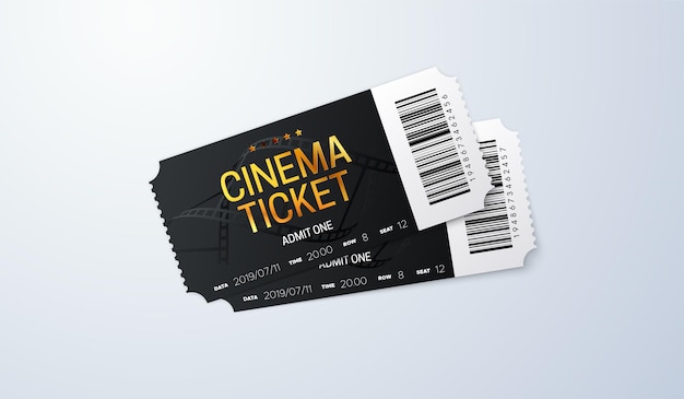 Black and golden cinema tickets on white background