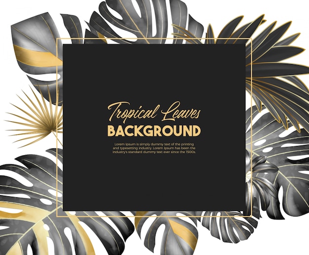 Black and golden color tropical leaves background with beautiful typography.