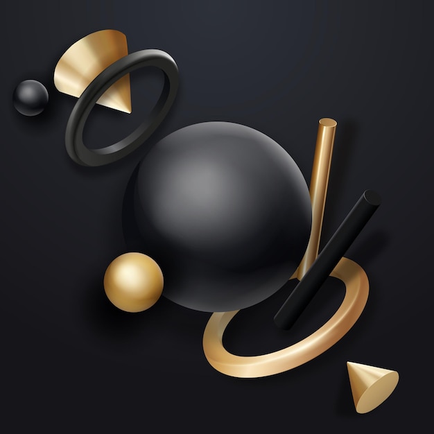 Vector black and golden geometric shapes objects on dark background flowing realistic geometry elements