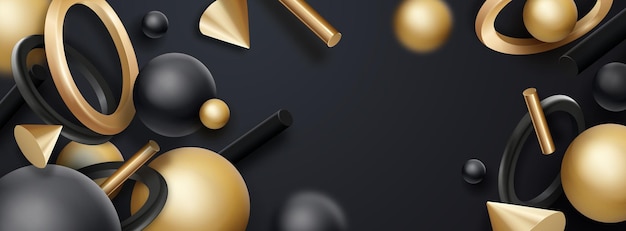 Black and golden geometric shapes objects flowing realistic vector geometry elements