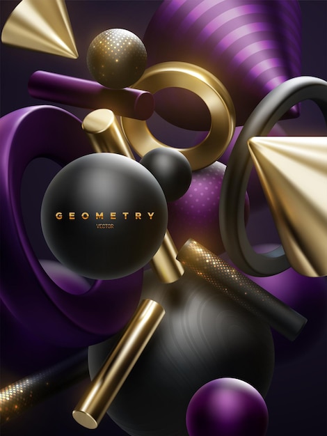 Vector black, golden and purple geometric shapes cluster. abstract elegant composition.