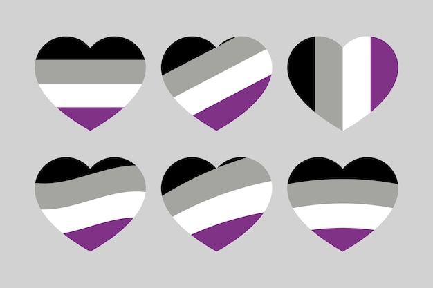 Icona a forma di cuore di colore nero grigio bianco e viola come i colori del concetto lgbtqi della bandiera asessuata