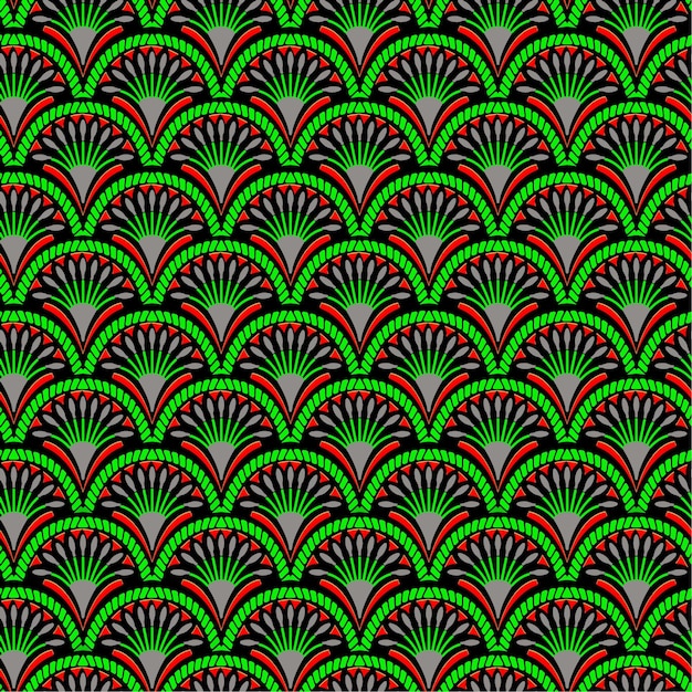 A black and green abstract pattern with a green and red flower.