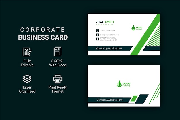 A black and green business card with a black background