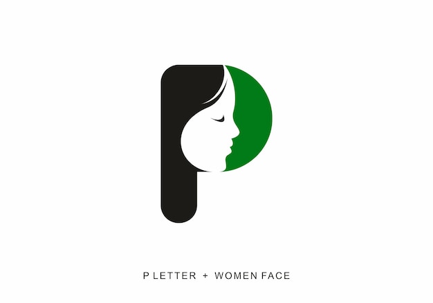 Black and green color of P initial letter with women face shape