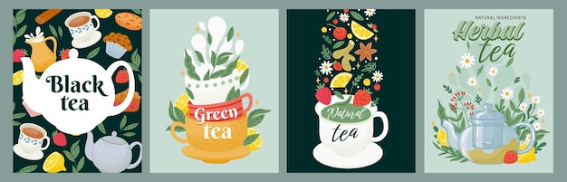 Vector black green and herbal tea package label design tea drink concept with leaves cups sweets and teapots decorative cafe poster vector set