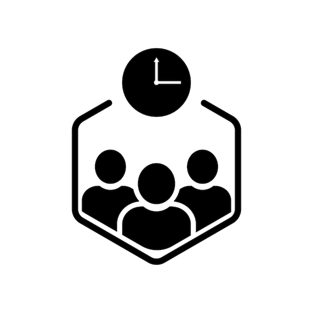 Черная группа людей и часы, как срок встречи плоская тенденция современная простая дата или план логотип графический минимальный дизайн изолированный на белом фоне концепция встречи без задержки для персонала