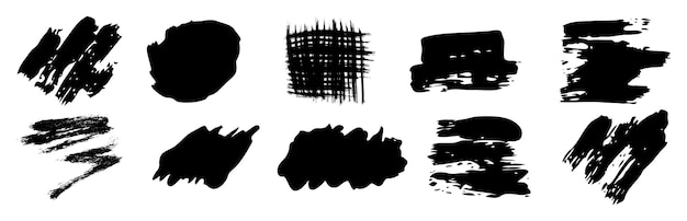 Black grunge brush strokes Set of black handpainted brush ink stains Ink spots isolated