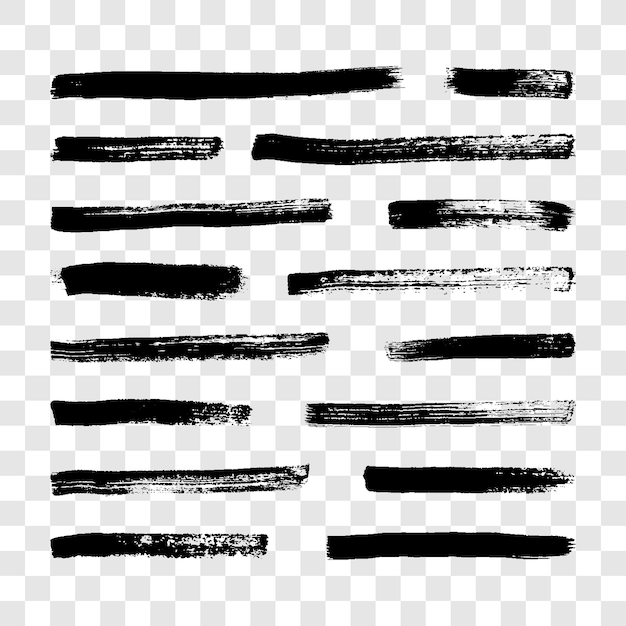 Black grunge brush strokes Set of seventeen painted ink stripes Ink spot isolated on transparent background Vector illustration