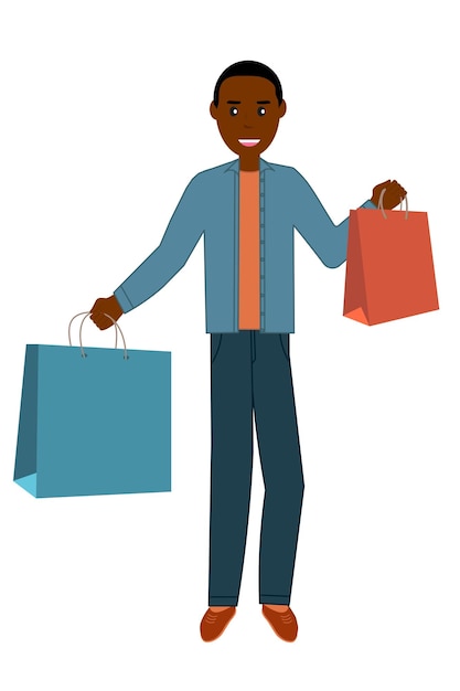 Vector black guy after sale holding shopping bags with purchases in hands