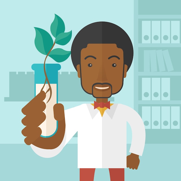 Vector black guy chemist with tube and eco leaves.