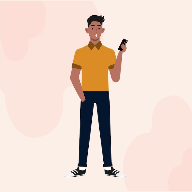 スマートフォンを持って立っている黒人のフラットキャラクター フロントビュー