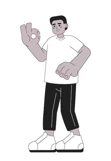 Vector black guy showing ok gesture monochromatic flat vector character happy young man optimistic male editable thin line full body person on white simple bw cartoon spot image for web graphic design