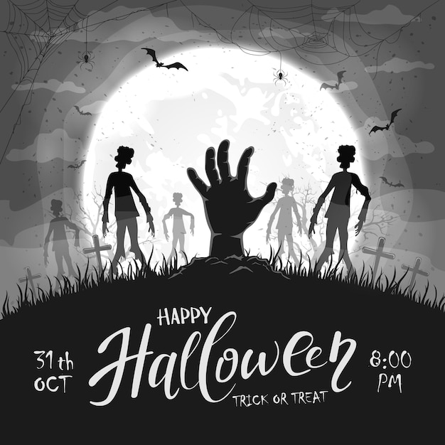 Black Halloween Background with Hand and Zombie