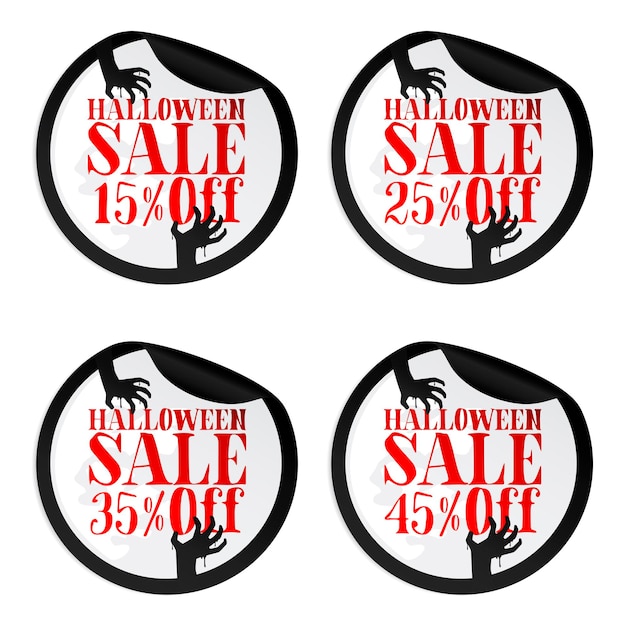 Vector black halloween sale stickers set with zombie hands 15 25 35 45 percent off