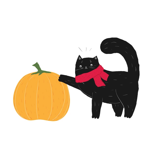 Vector black halloween scarf cat touch pumpkin october autumn kitten stock vector flat cartoon